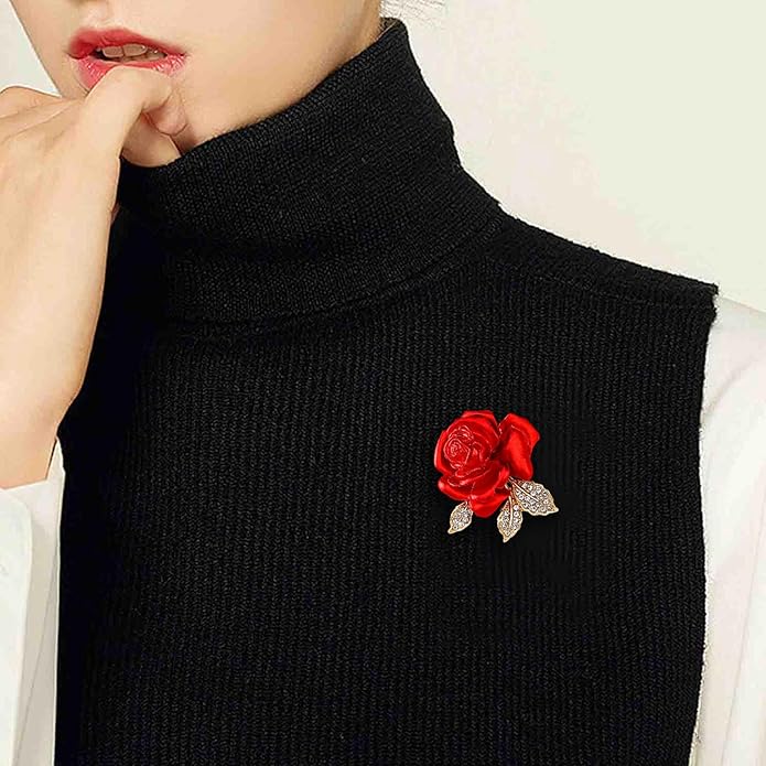 Crystal Red Rose Flower Brooch Pins for Women Elegant Enamel Rhinestone Floral Brooches Pin Fashion Jewelry for Party Dance Wedding Banquet Brooch for Women Girl Gift