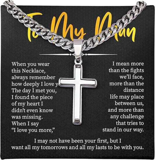 FLAGISTA To My Man Cross Necklace, Stainless Steel Cross Pendant with Adjustable Cuban Link Chain, Meaningful Gift for Him.