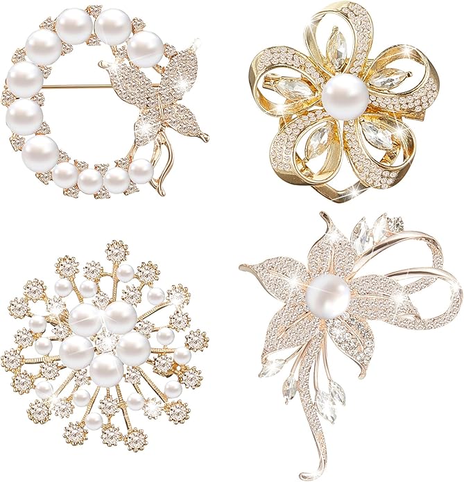 Ecally 4 Pcs Brooches and Pins for Women Crystal Pearl Brooch for Wedding Christmas Teacher Appreciation Gift