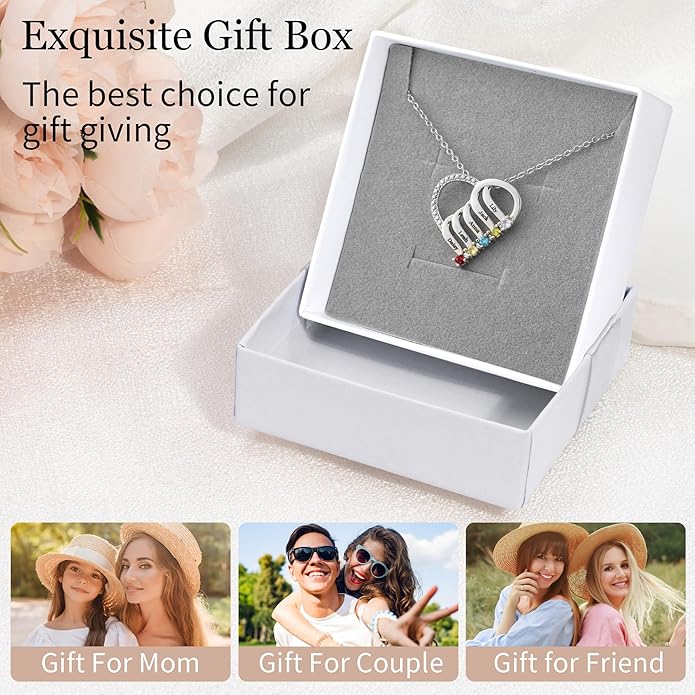 Easycosy Custom Name Necklace with Simulated Birthstones Customized Promise Necklace Heart Pendant with Engraved 2-6 Names - Anniversary Birthday Christmas Jewelry Gifts for Women Wife Mom Grandma