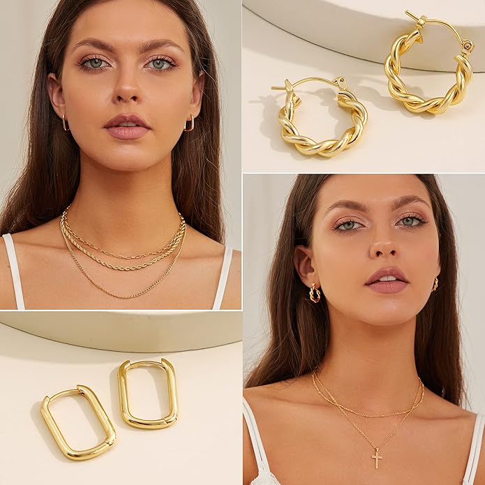 Hoop Earrings Set for Women, 6 Pairs 14K Gold Plated Lightweight Hypoallergenic Chunky Open Twisted Hoops Earrings Pack Jewelry