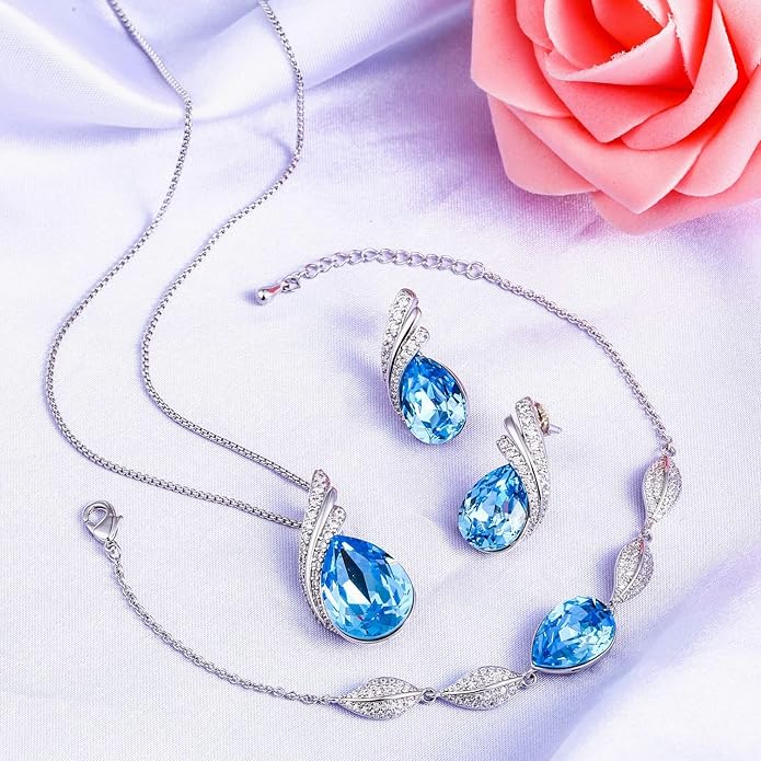 Charming Crystal Jewelry Sets For Women 18K White Gold Plating Bracelet Necklace And Earrings Sets For Wife Girlfriend Or Mothers Idea Gift For Mother's day