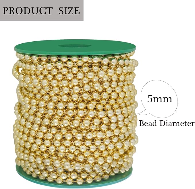 Fbshicung 5mm Faux Pearl Beads Garland Pearl Bead Roll Strand for Wedding Party Christmas Tree Decorations, 99 Feet Roll (Gold)