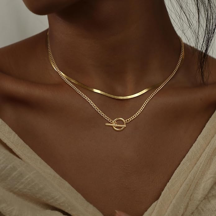 CHESKY 14K Gold Plated Layered Herringbone Necklaces for Women, Trendy Paperclip Snake Chain Necklace Cuban Link Simple Chunky Toggle Clasp Necklace Set Fashion Jewelry