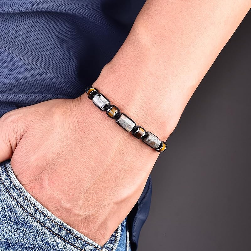 Natural Yooperlite and Tiger Eye Stone Beaded Wrap Bracelet for Men, Black
