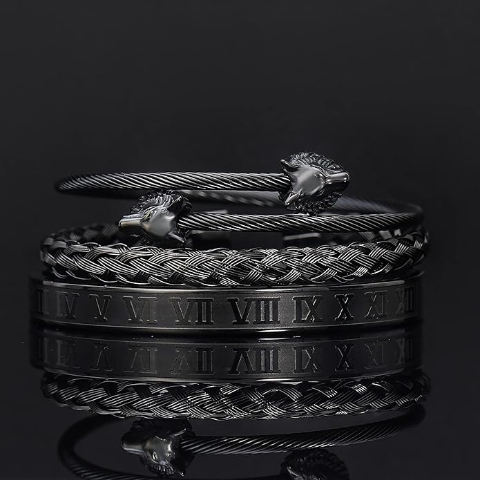 WFYOU 3PCS Stainless Steel Bracelets for Men Gold Roman Numeral Bangle Bracelet Twisted Cable Bracelet Adjustable Cuff Bracelet Mens Luxury Jewelry Bracelets Gifts