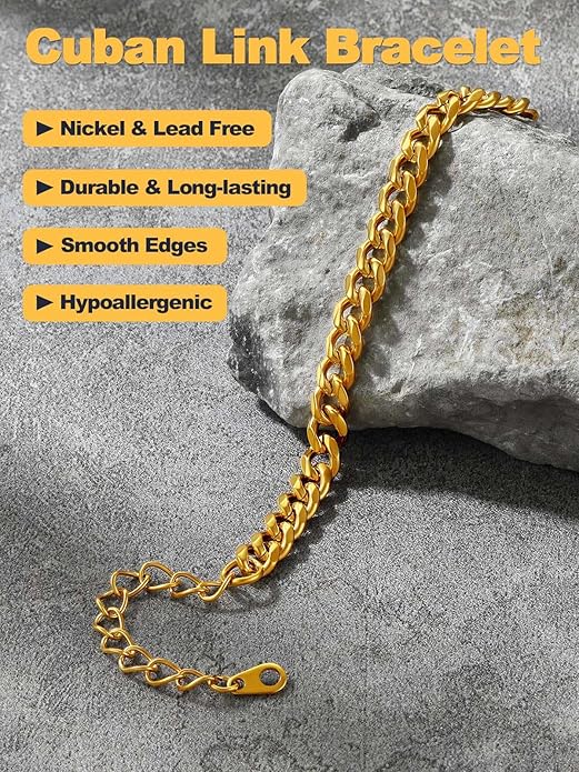 U7 Link Bracelets for Men, Cuban Link/Rope/Watch Band Solid Bracelet, Silver Black Gold Color Wrist Bracelet 3/6/9/12/15mm Width, 6.5/7.5/8.3 Inch Length, Hand Chain Jewelry for Mens Women
