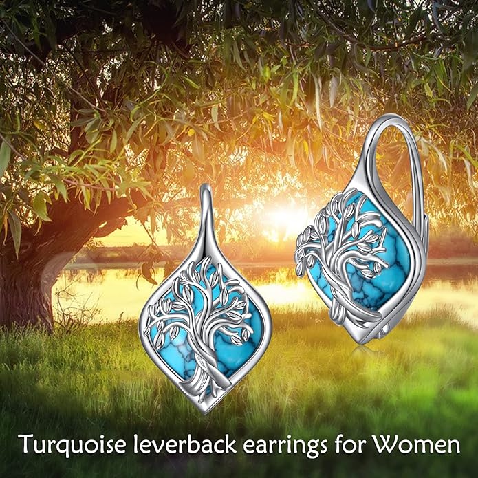 WINNICACA Leverback Earrings for Wonen 925 Sterling Silver Tree of Life Earrings Dangle Drop Turquoise Moonstone Moss Agate Heart Jewelry Gifts for Women Anniversary Birthday Christmas