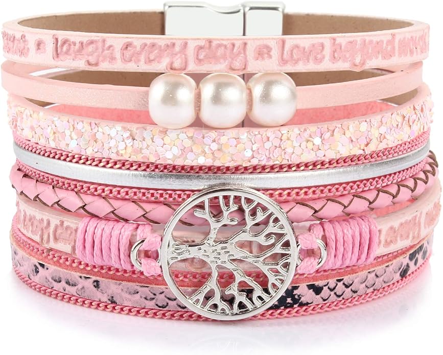 FANCY SHINY Tree of Life Leather Wrap Bracelet Inspirational Cuff Bangles Boho Pearl Bracelets with Magnetic Clasp Unique Jewelry Gifts for Women