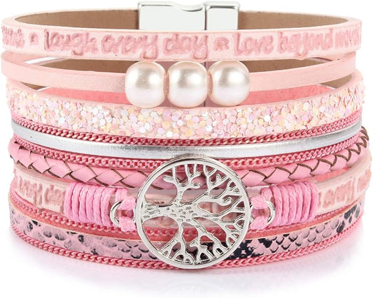 FANCY SHINY Tree of Life Leather Wrap Bracelet Inspirational Cuff Bangles Boho Pearl Bracelets with Magnetic Clasp Unique Jewelry Gifts for Women