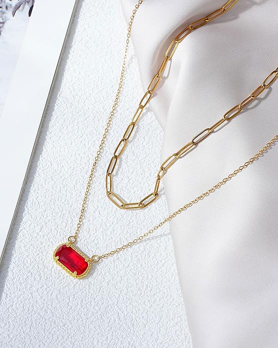 Lourny Gemstone Birthstone Pendant Layered Necklace for Women Trendy, 18K Gold Plated Paperclip Chain Preppy Choker Charm Necklace for Women Wife Jewelry
