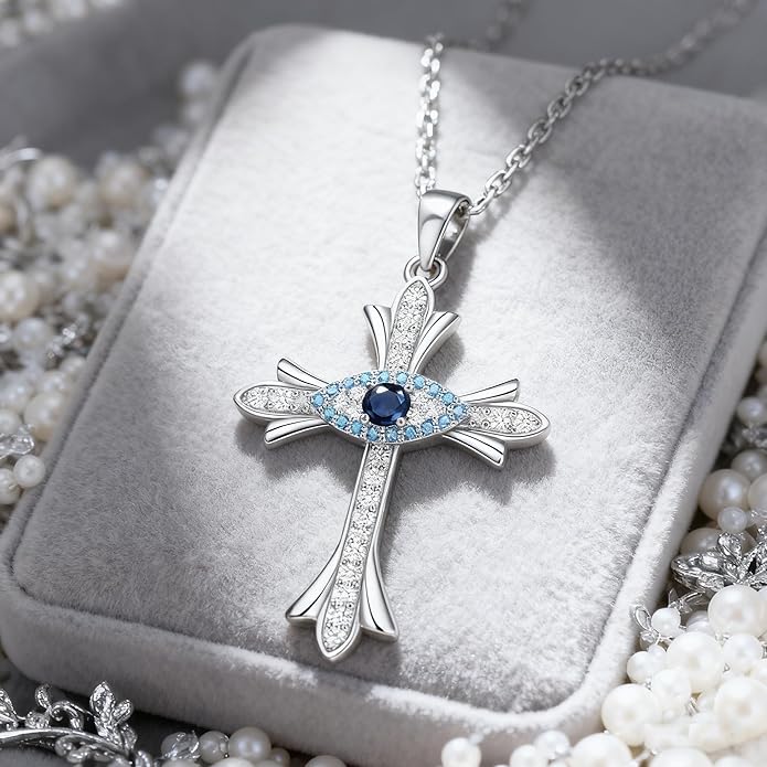 Evil Eye Cross Necklace Third Eye Protection Faith Cross Pendant Necklace Sterling Silver Gift for Women Birthday Christmas