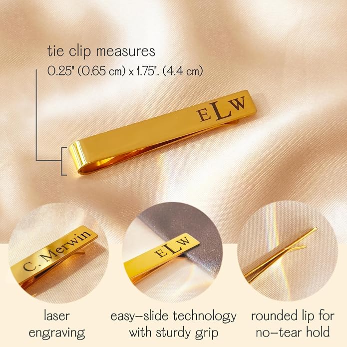 Custom Cuff Links & Personalized Tie Clip Gift Set for Men • Engraved Monogram, Date, Handwriting, Crest, Logo • Father's Day Gift for Dad • Gold, Silver, Black