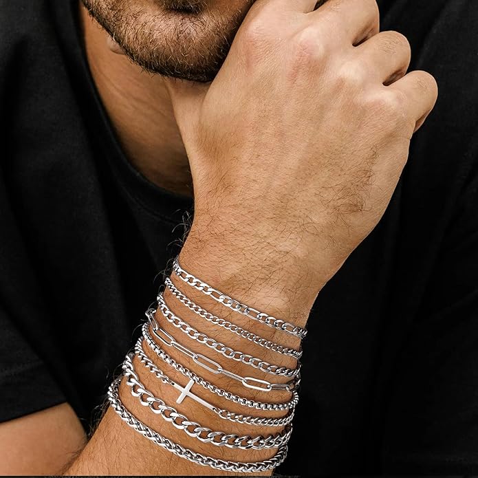 Yoosteel Mens Bracelets - Silver Chain Bracelet Stainless Steel Cuban Link Stack Bracelets Sturdy Rope Paperclip Chains Set 7.5/8.3/9 inches Trendy Jewelry for Men