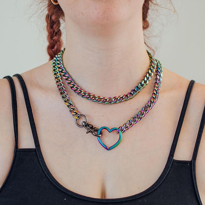 Chunky Gold Choker Necklaces for Women, Long Gold Chain Heart Necklace, 36 Inches Slip Chain Adjustable Lariat Heart Y Necklace for Women and Men, Goth Chunky Heart Necklace Jewlery Gifts