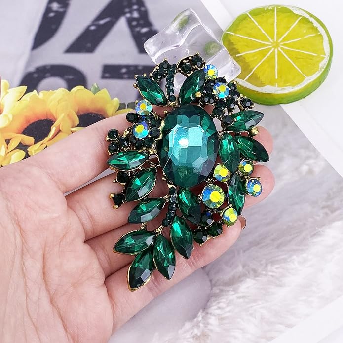 LAXPICOL Vintage Sparkly Austrian Crystal Flower Leaf Bouquet Clusters Big Large Brooch Pin for Women Gold Tone