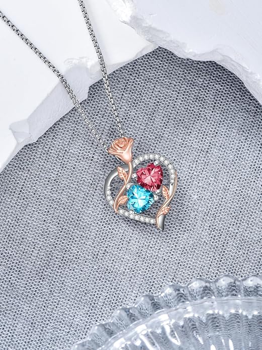 Christmas Gifts for Women Rose Heart Birthstone Pendant Necklace I Love You Forever Jewelry Valentine Mothers Day Birthday Gifts for Women Her Wife Girlfriend