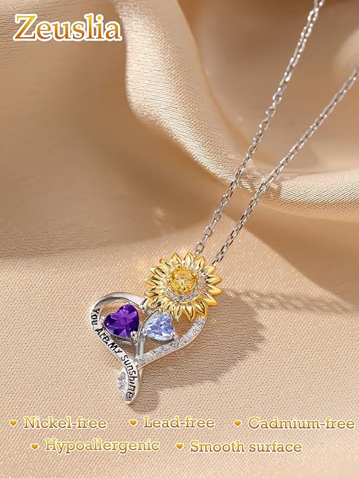 Zeuslia Double Birthstone Necklace Gifts for Wife - 925 Sterling Silver Sunflower/Rose/Crown Cross/Compass/Heart Pendant I Love You Necklace, Anniversary Birthday Gifts for Wife Girlfriend Mom Her