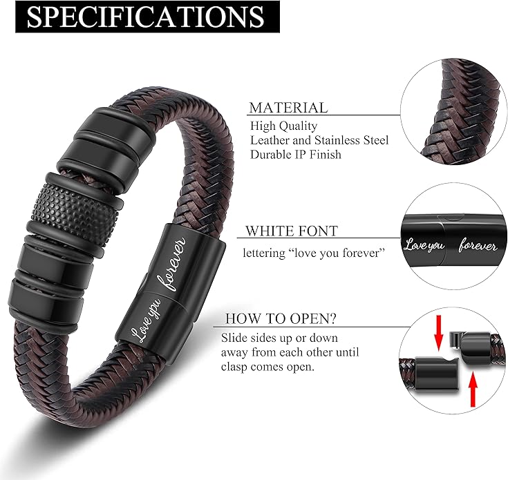 𝐆𝐢𝐟𝐭 𝐟𝐨𝐫 𝐌𝐞𝐧 Braided 𝐋𝐞𝐚𝐭𝐡𝐞𝐫 𝐁𝐫𝐚𝐜𝐞𝐥𝐞𝐭 for Men Dad Husband Boyfriend Son Grandson Brother Stainless Steel Clasp Engraved with Love You Forever Jewelry Birthday Gift 7.5 8.5 9 Inch