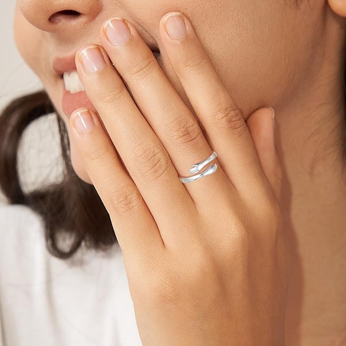 Yesteel S925 Sterling Silver Hug Ring for Women Teen Girls, Adjustable Ring Jewelry Mothers Day Birthday Gifts for Daughters Mom Sister Wife Friends Grandma