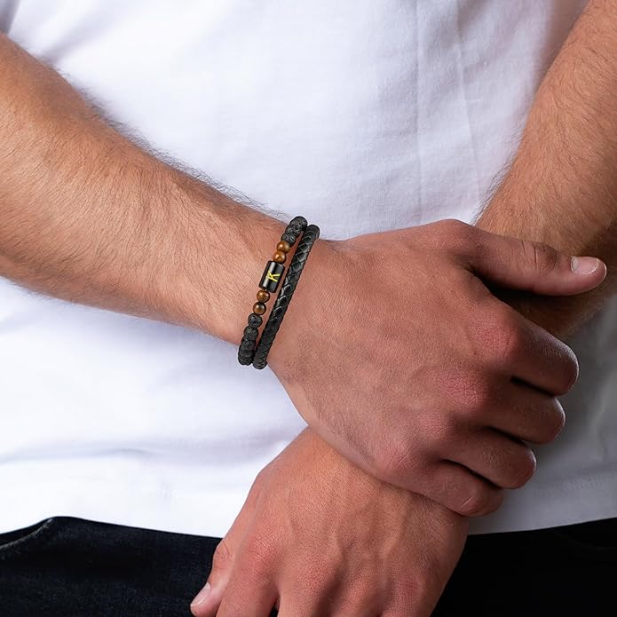 LUXEJEW Gifts for Men - Mens Bracelet, Beaded Leather Initial Bracelet 6mm Matte Agate Stone Handmade Bracelets Adjustable Stainless Steel Magnetic Clasp Mens Jewelry Gifts