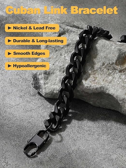 U7 Link Bracelets for Men, Cuban Link/Rope/Watch Band Solid Bracelet, Silver Black Gold Color Wrist Bracelet 3/6/9/12/15mm Width, 6.5/7.5/8.3 Inch Length, Hand Chain Jewelry for Mens Women