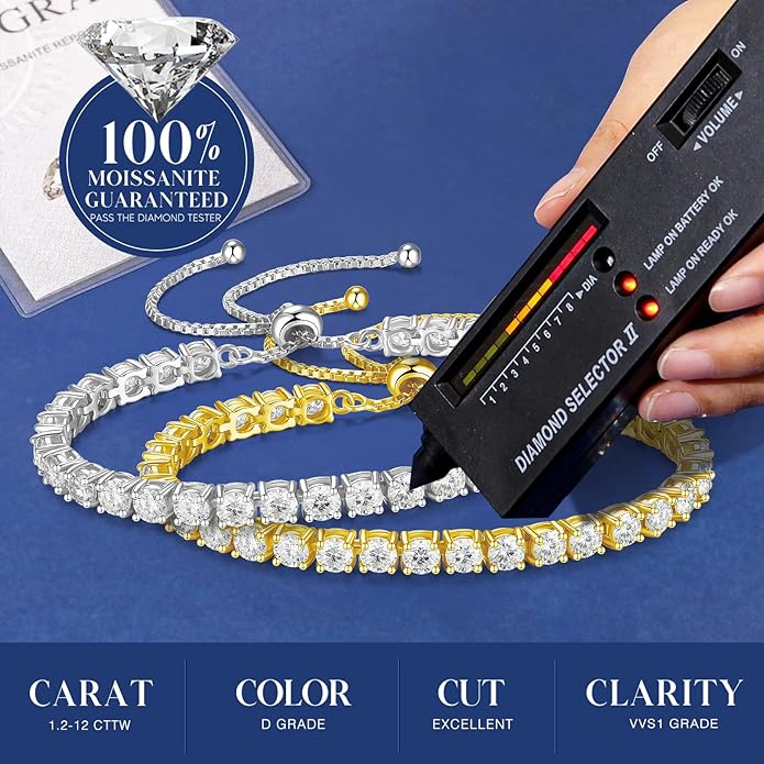 1.2-12 CTTW Moissanite Tennis Bracelet for Women, Adjustable 2-5mm D Color VVS1 Round Cut Moissanite Bolo Bracelet, 18K Gold Plated 925 Sterling Silver Simulated Diamond Bracelet Gifts for Women Her