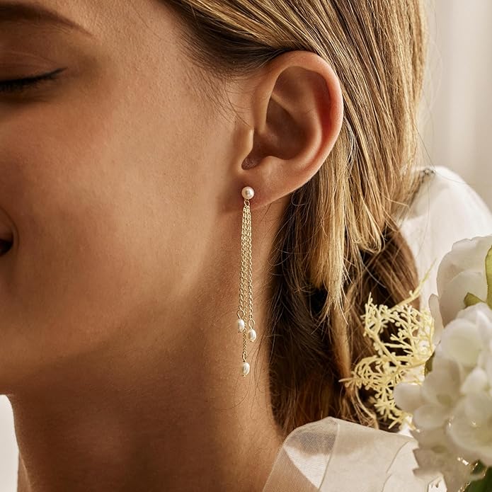 Gold Earrings for Women, 14K Gold Plated Tassel Dangle Earrings for Women Trendy Hypoallergenic Long Chain Earring Dainty Pearl Drop Earrings Elegant Wedding Earring Fashion Jewelry for Womens