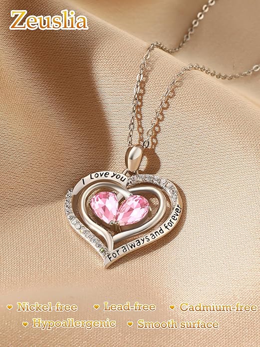 Zeuslia Double Birthstone Necklace Gifts for Wife - 925 Sterling Silver Sunflower/Rose/Crown Cross/Compass/Heart Pendant I Love You Necklace, Anniversary Birthday Gifts for Wife Girlfriend Mom Her