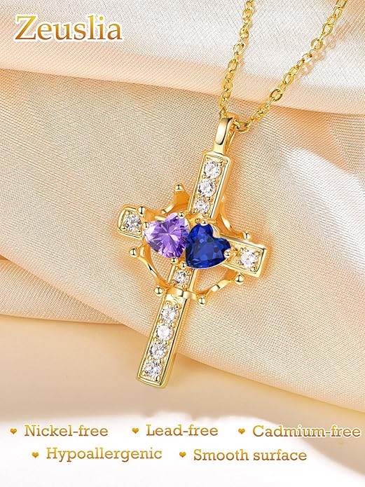 Zeuslia Double Birthstone Necklace Gifts for Wife - 925 Sterling Silver Sunflower/Rose/Crown Cross/Compass/Heart Pendant I Love You Necklace, Anniversary Birthday Gifts for Wife Girlfriend Mom Her