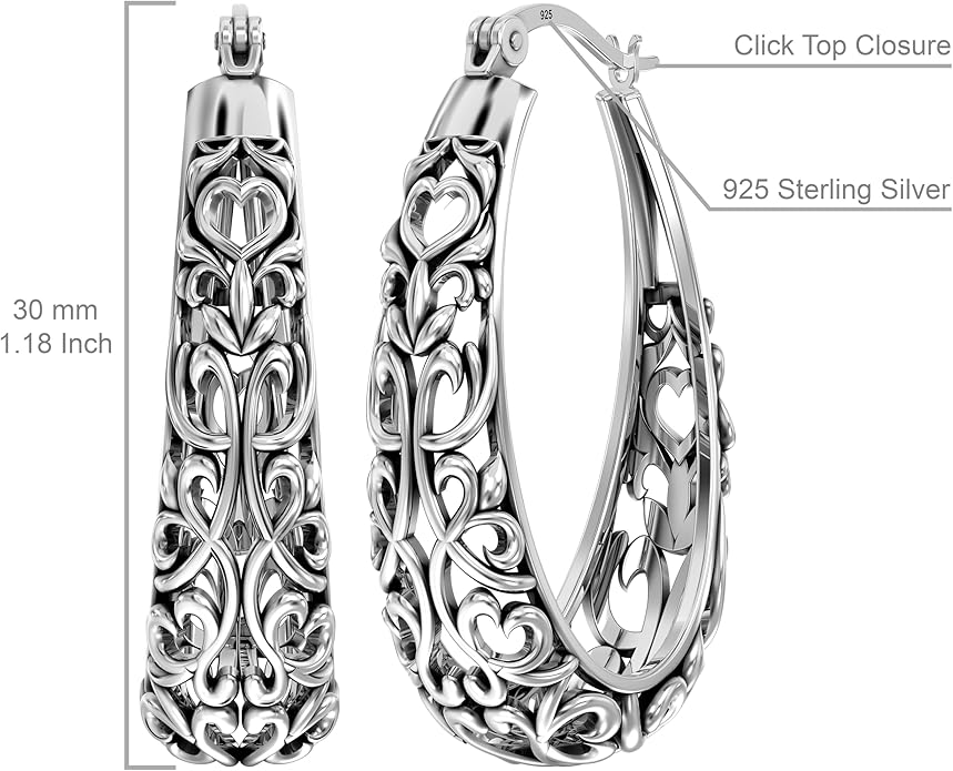 LeCalla 925 Sterling Silver Hoop Earrings | Women's Filigree Hoop Earrings | Openwork Mesh Filigree Cut Earring | Lightweight & Hypoallergenic Vintage Hoop Earrings for Women
