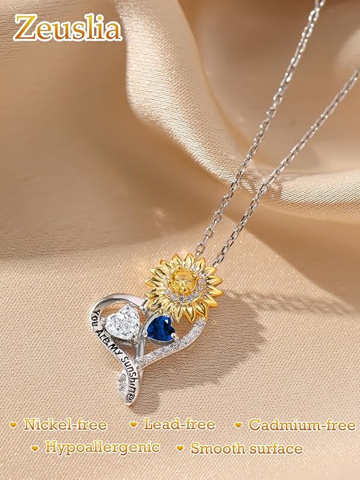 Zeuslia Double Birthstone Necklace Gifts for Wife - 925 Sterling Silver Sunflower/Rose/Crown Cross/Compass/Heart Pendant I Love You Necklace, Anniversary Birthday Gifts for Wife Girlfriend Mom Her