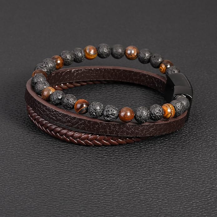 Gifts for Men - Layered Leather Beads Bracelet, Tiger Eye Lava Rock Stone Braided Leather Bracelets for Men Adjustable Magnetic Clasp Birthday Gifts