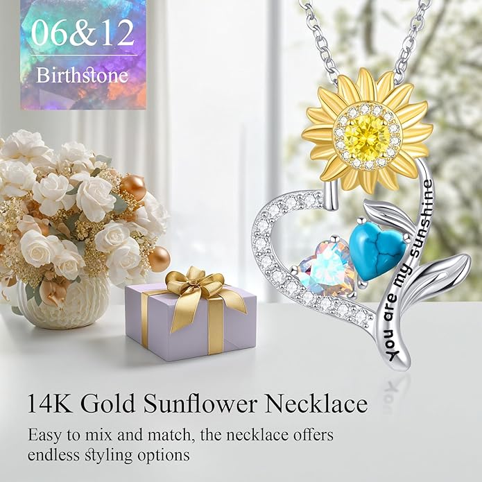 PERJI Valentine's Day Gifts for Women - 925 Sterling Silver Double Birthstone Sunflower Necklace, Anniversary Birthday Jewelry You are My Sunshine Gifts for Wife Couple Girlfriend 18"+2" Non Tarnish