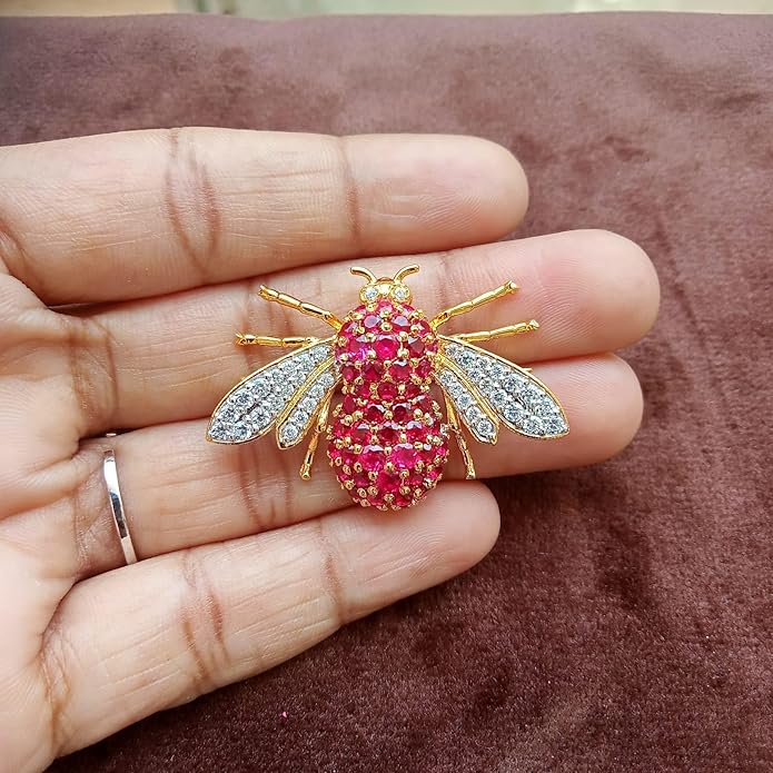 2Ct Round Cut Red Ruby & White Diamond Honey Bee Brooches Pin 14K Yellow Gold Plated