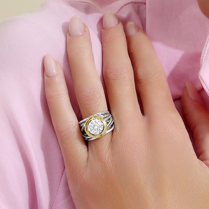 JEAN RACHEL JEWELRY Mixed Metal Two Tone Ring for Women – CZ Wire Wrap – 925 Sterling Silver & 14K Gold Over Silver – Sculptural Wire Band with Round CZ – Hypoallergenic Design