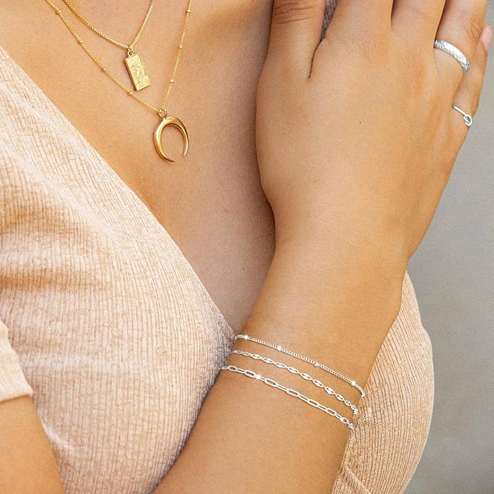 MBW 14K Silver Plated Bracelets for Women, Dainty Silver Bracelets for Women Set Bracelet Stack Waterproof Jewelry for Women Trendy Minimalist Simple Small Thin Bracelet Set for Women Teen Girls Gift