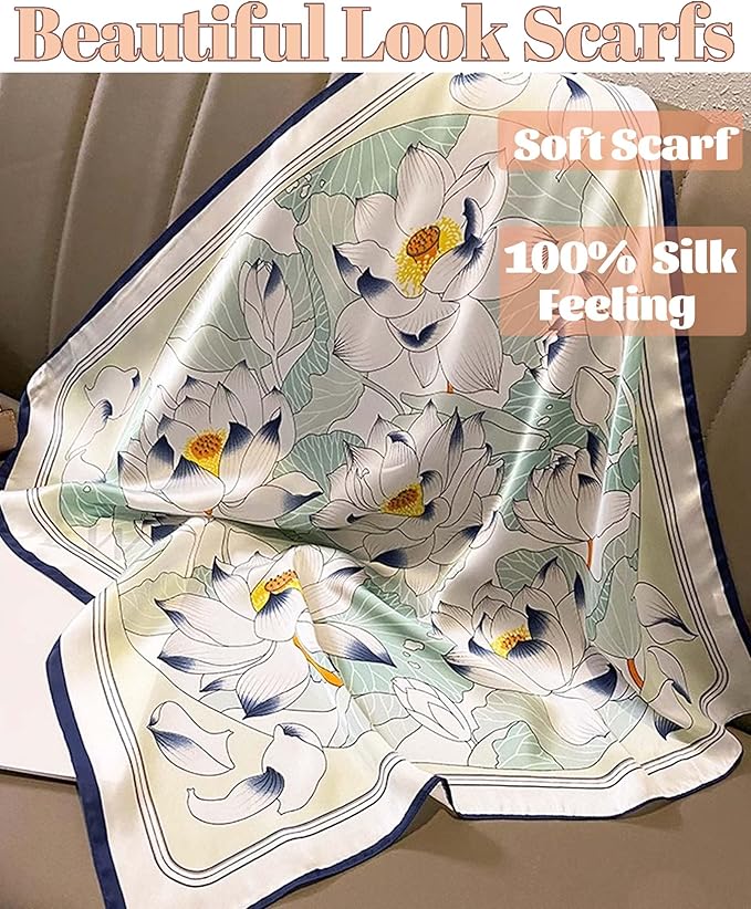 kcctoo 27.5" Mulberry Silk Feeling Head Scarf Women's Fashion Square Neck Satin Scarfs for Bag Hair Scarves Gift