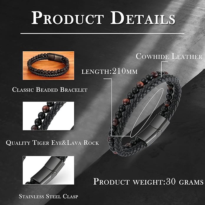 Mens Tiger Eye Matee Black Onyx Lava Rock Volcanic Stone Beaded Bracelet, Black Braided Leather Bracelet for Men