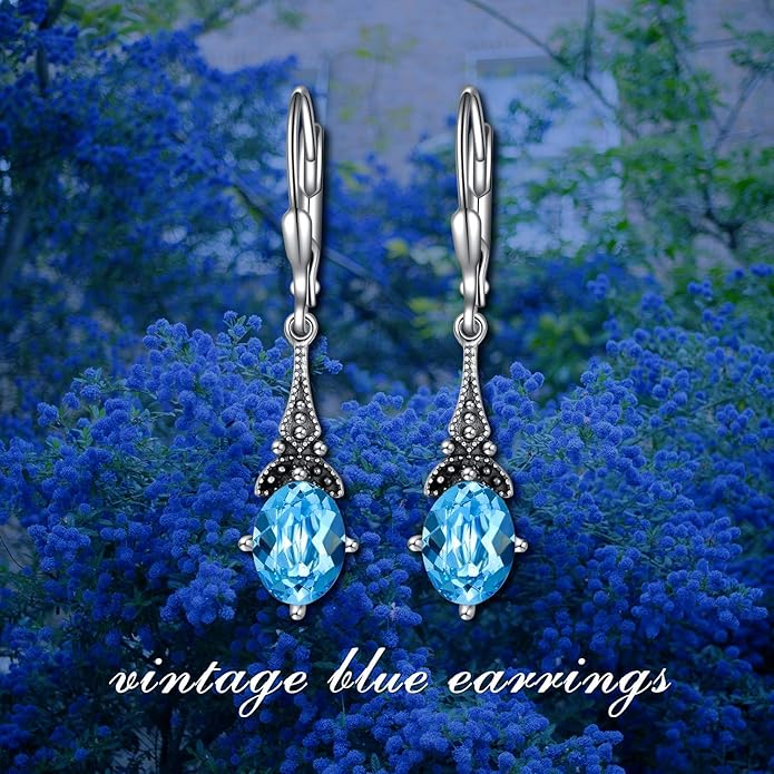 AOBOCO Vintage Earrings for Women Sterling Silver Retro Drop Dangle Leverback Earrings with 8x6mm Oval Genuine or Simulated Birthstone Crystal from Austria, Anniversary Jewelry Gifts for Her Women