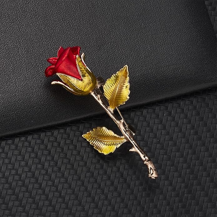 QLUYCKW Rose Flower Brooch Pin for Women Fashion Dainty Gold Plated 3D Red Roses Floral Crystal Brooch Pin Birthday Dress Suit Accessories Jewelry