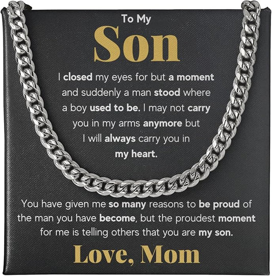 FG Family Gift Mall To My Son From Mom, Son Gifts From Mom and Dad, Mother and Son Necklace, Birthday Gift For My Son Graduation Christmas Cuban Link Chain Necklace Present