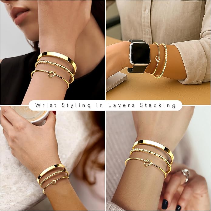 Silver Bracelets for Women Stack, Silver or Gold Plated Cuff Bangle Set, Trendy Silver Jewelry for Women Fashion