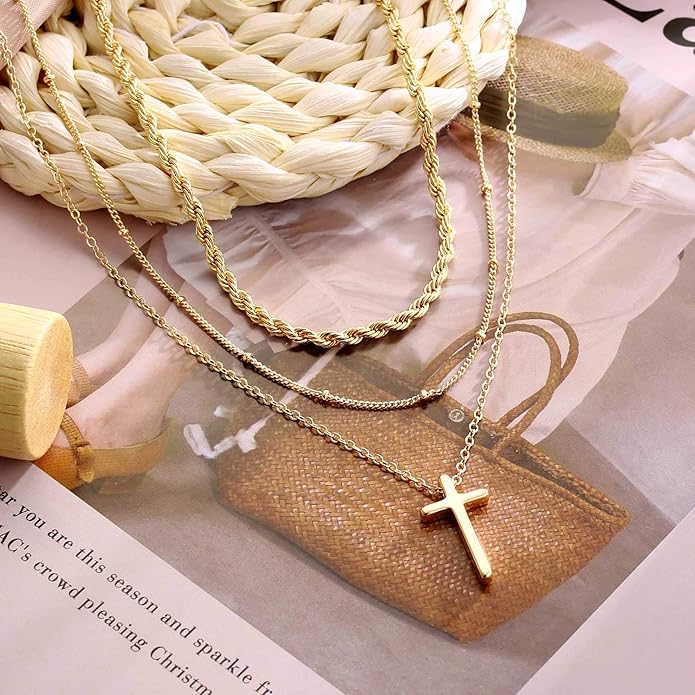 Turandoss Dainty Layered Choker Necklace, Handmade Y Pendant Necklace Multilayer Bar Disc Necklace Adjustable Layering Choker Necklaces for Women