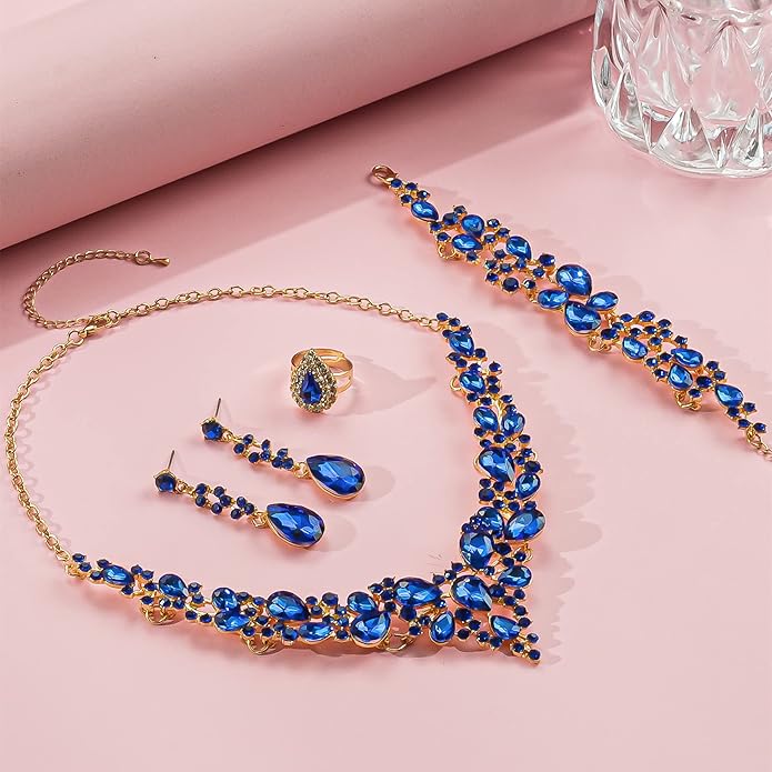 Paxuan Crystal Bridal Wedding Jewelry Sets for Women Rhinestone Teardrop Crystal Statement Choker Necklace Drop Earrings Link Bracelets Rings Teardrop Jewelry Set for Brides Bridesmaids