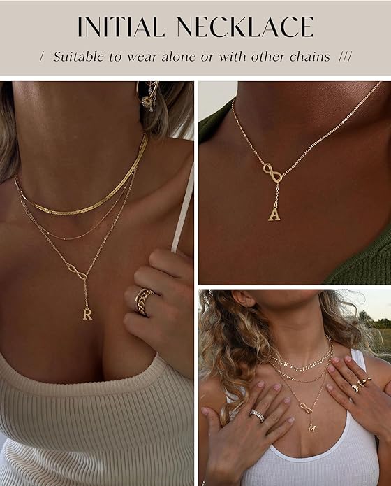 FUNEIA Gold Initial Necklaces for Women Trendy Dainty Long 14K Gold Plated Infinity Lariat Letter Necklace Non Tarnish Friendship Personalized Name Drop Pendant Y Necklace Stack Jewelry Gift