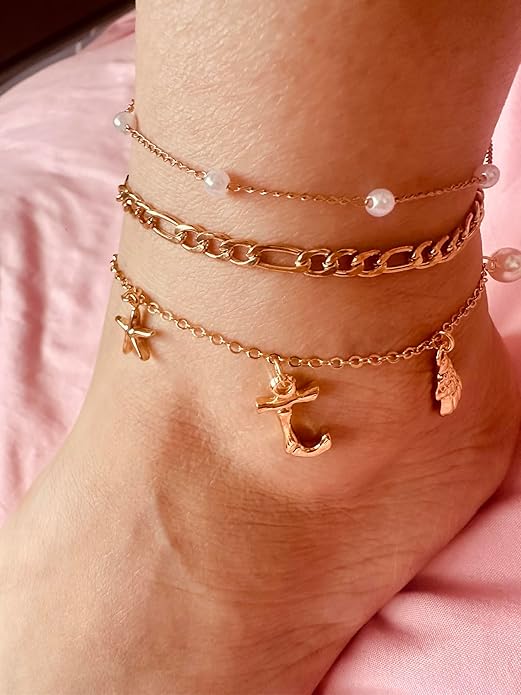 Initial Charm Anklets For Women Shell Letter Anklets Set Gold Charms Pendant Boho Summer Seashell Beach 14k Jewelry for Women Gift