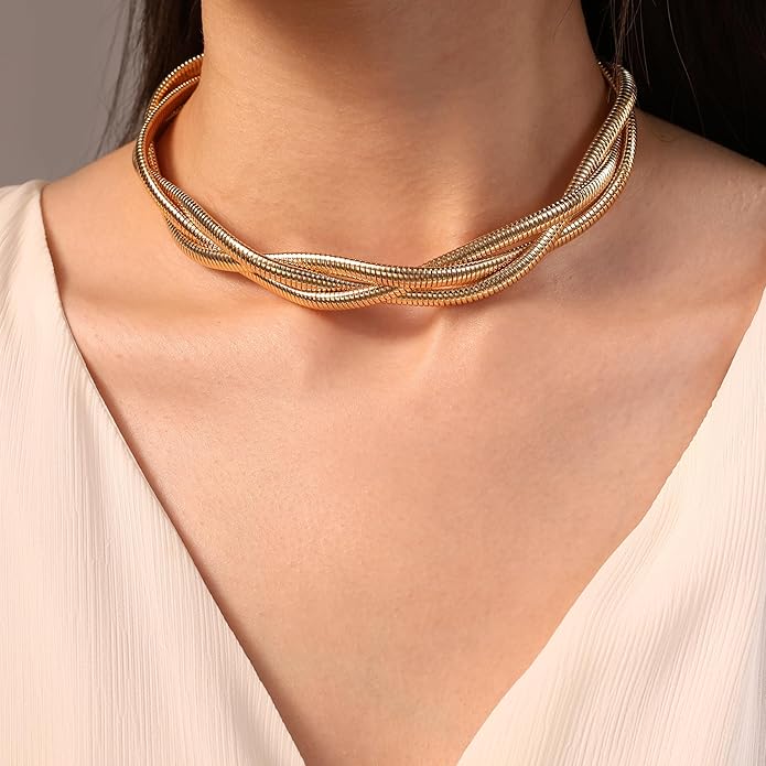Chunky Stainless Steel Choker Necklace For Women, Gold Striped Flat Snake African Collar Exaggerated Necklace with Adjustable Chain Choker Jewelry for Women