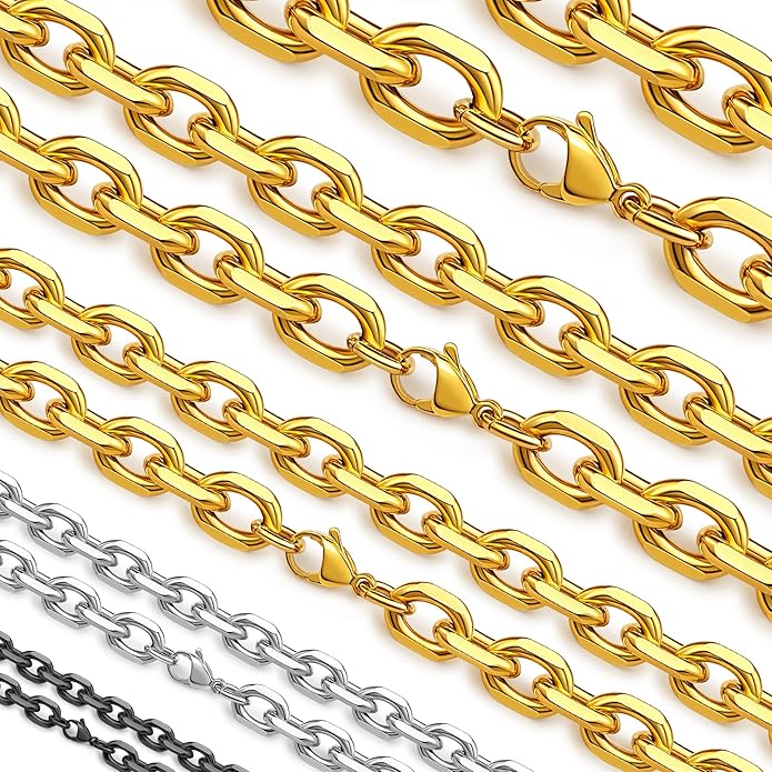 Hoyazvet Cable Chain Stainless Steel Necklace for Men Women, 3/5/8/10/13MM Width, 18K Gold Plated/Black Metal/316L Stainless Steel Sturdy Rolo Link Chain Necklace, 18-30inch Length
