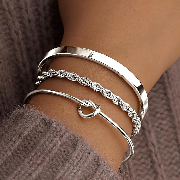 Silver Bracelets for Women Stack, Silver or Gold Plated Cuff Bangle Set, Trendy Silver Jewelry for Women Fashion